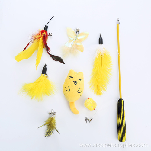 Yellow Feather Cat Toy Set Wand Kitten Toys
